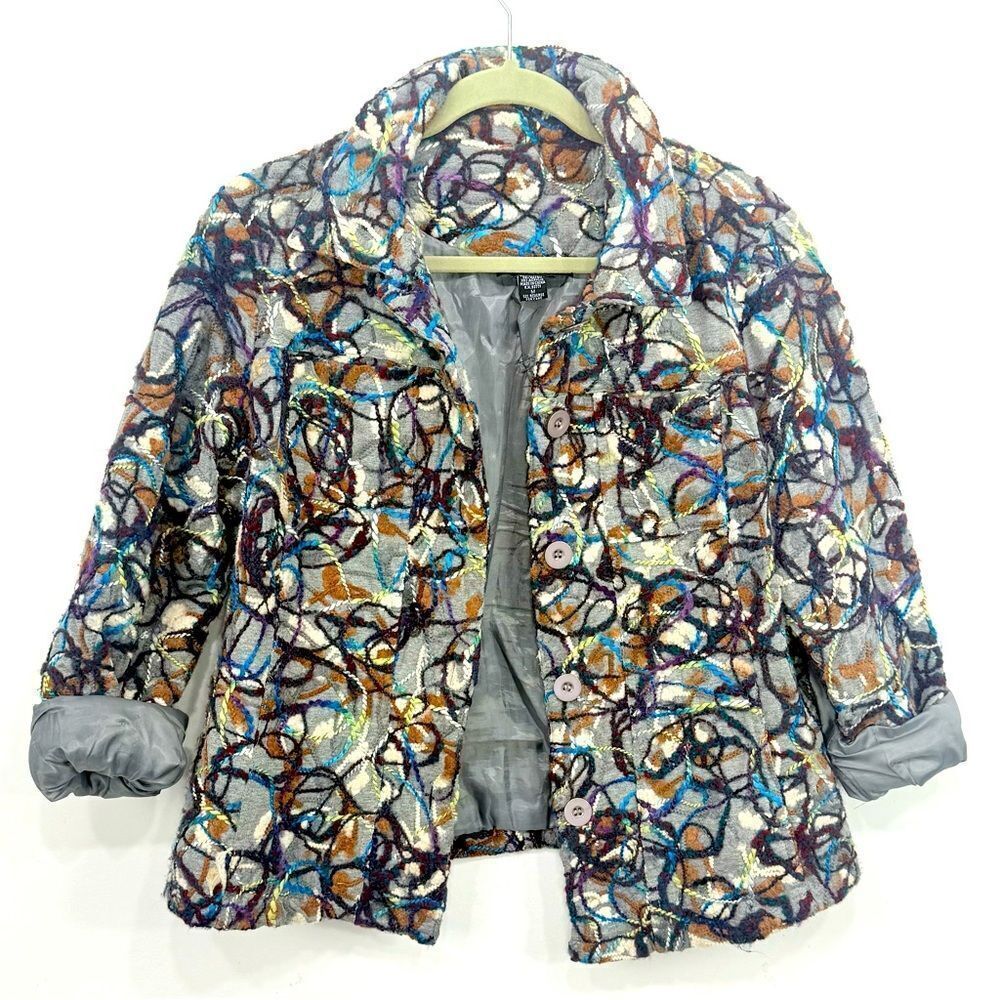 KakTus Gray Colorful All Over Yarn Embellished Button Front Blazer Jacket - Picture 3 of 16